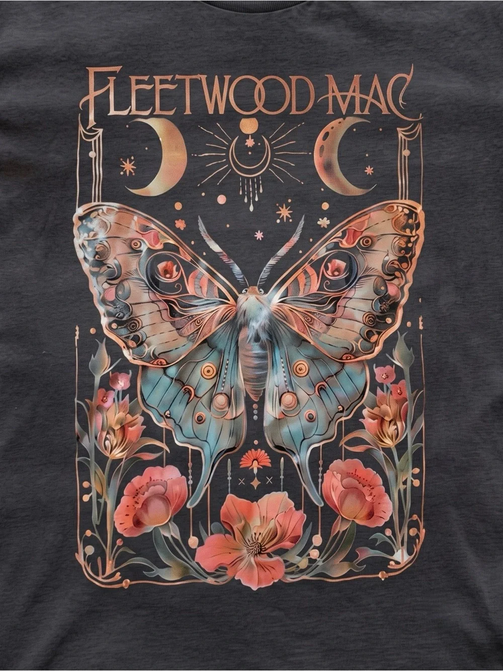 Fleetwood Mac Celestial Luna Moth Bohemian Band Tee Black T-Shirt